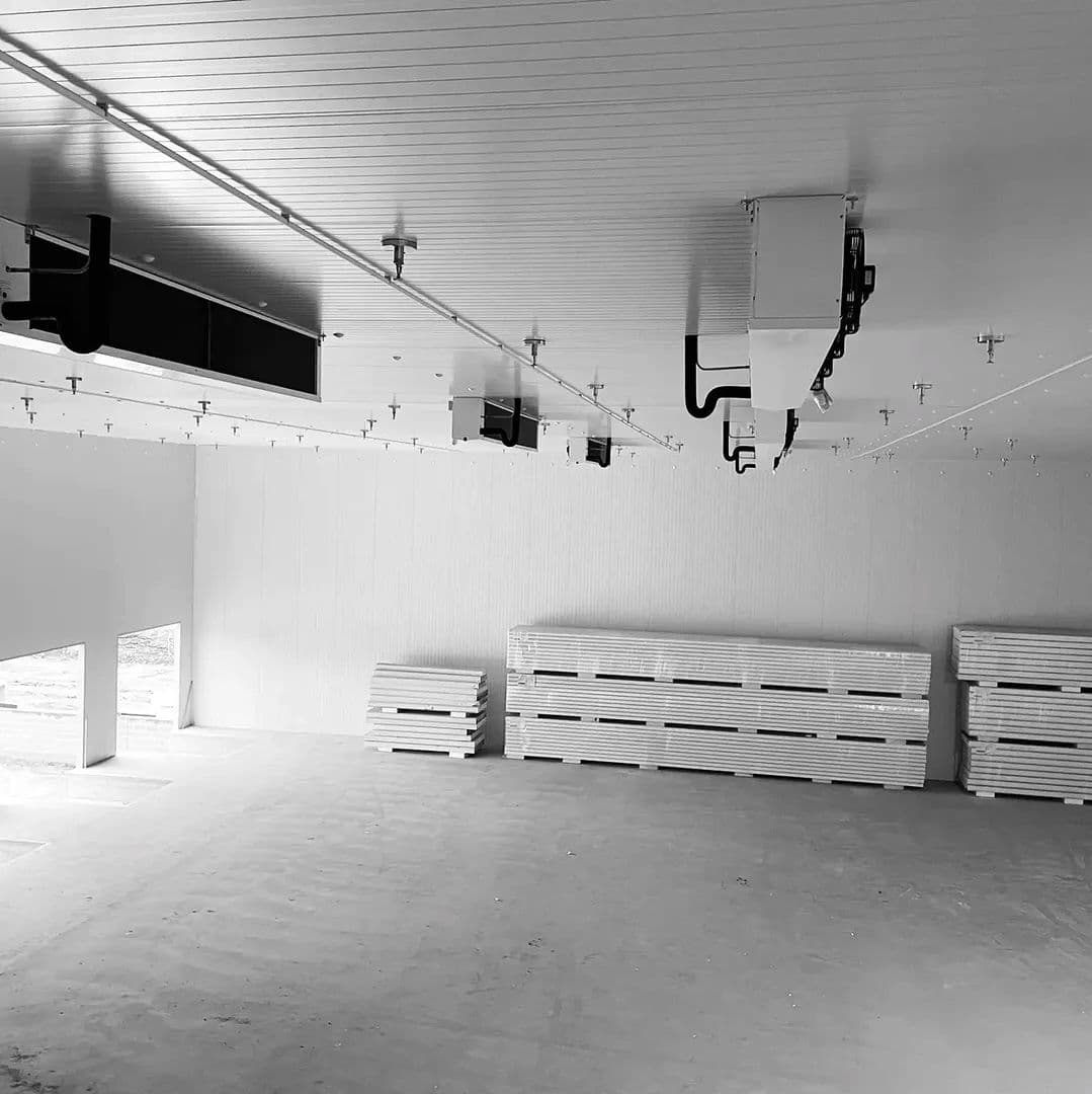 Interior of a commercial freezer room with stacked frozen stock.