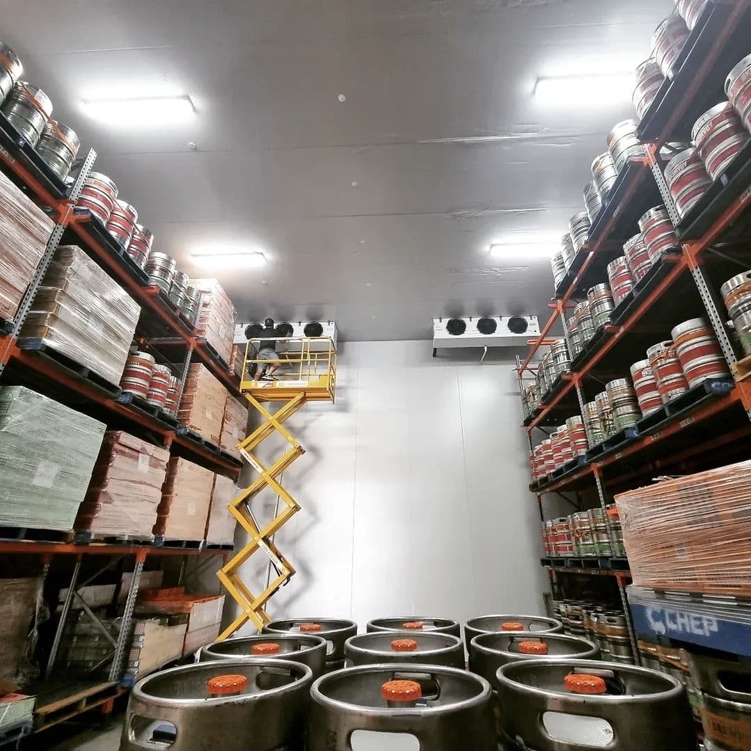 Commercial keg cool room with refrigeration evaporators installed by Standby Services.